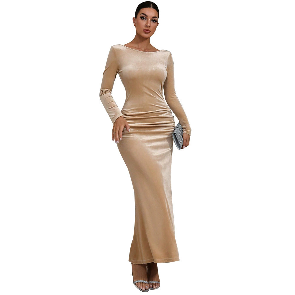 ZARA Champagne Round Neck Back Tie Bodycon Maxi Dress for Party - Picture 5 of 6